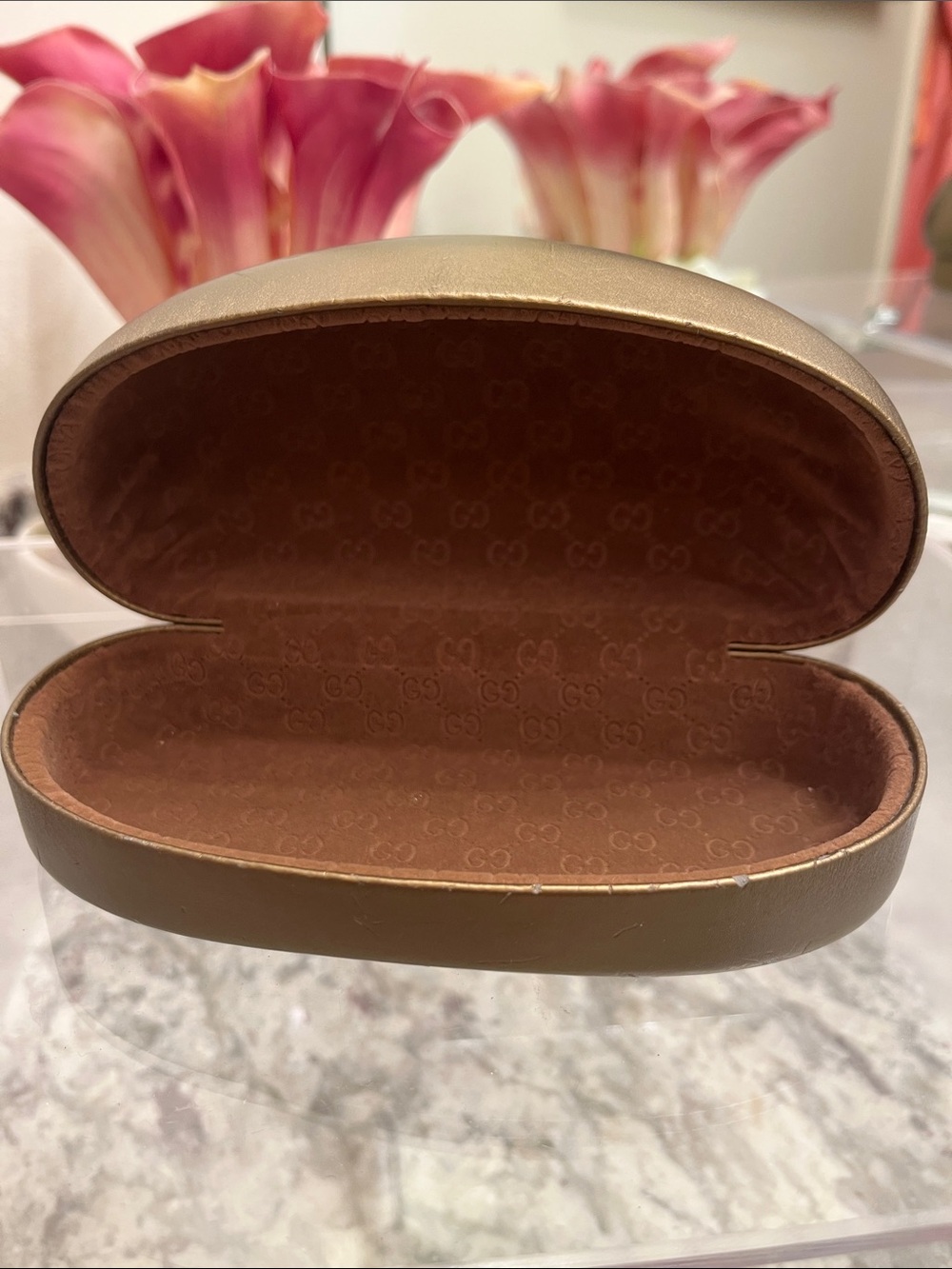 Gucci Metallic Gold Eyeglass Case with Brown Interior